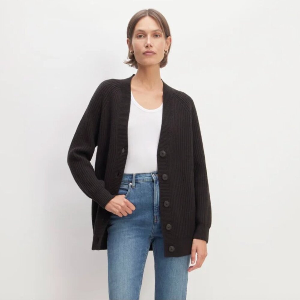 Everlane Womens Black The Felted Merino Boyfriend Cardigan Medium